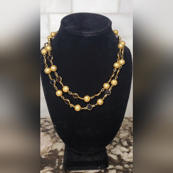 Austrian Crystal Open Back Bezel Necklace Black Gold Vintage Estate - Picture 2 of 10